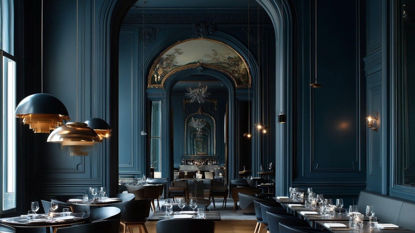 A grand, low-lit dining room after service